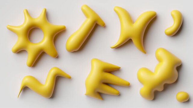Seamless loop of yellow inflated symbols gently waving and morphing together. Glossy soft shapes pulse with playful fluid deformation.