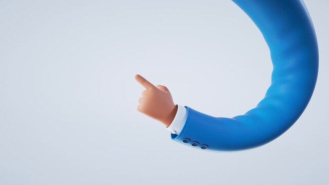 An elongated arm in a blue suit sleeve sweeps through broad curves before its hand points diagonally up and left. Stylized 3D animation on a pale gray background with open space beside the gesture.