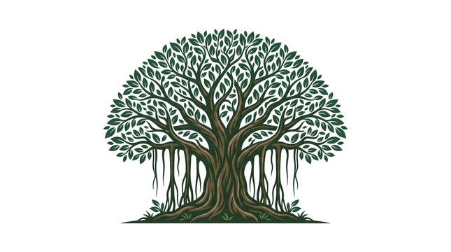 Vector illustration of a majestic banyan tree with dense green foliage and hanging aerial roots, stylized as a logo icon, isolated on a solid white background