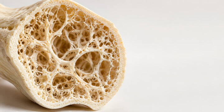 Osteoporosis bone cross section. Porous trabecular structure with reduced bone density and mineral loss illustrates osteopenia, aging, menopause-related bone loss and increased skeletal weakness.