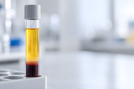 PRP blood plasma sample in capped laboratory tube shows platelet-rich plasma after centrifugation. Medical closeup for diagnostic testing, research and biochemistry analysis.