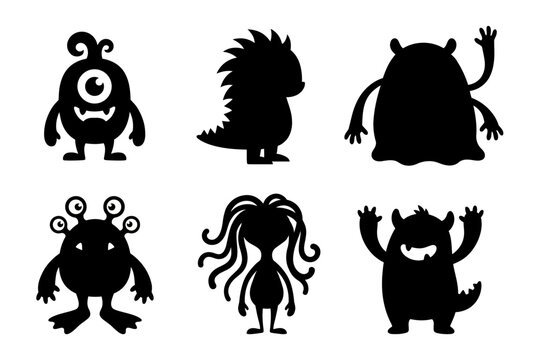 Monster silhouettes vector set, cute cartoon alien characters, spooky graphic design elements for kids