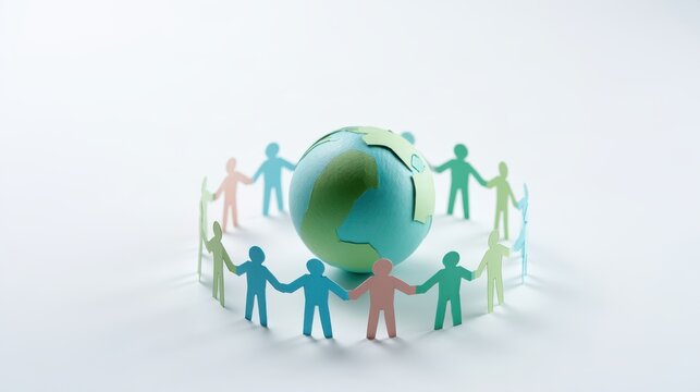 Diverse Paper Cut-Out People Holding Hands Around a Symbolic Globe Representing Global Unity and Cooperation with Soft Colors on a White Background