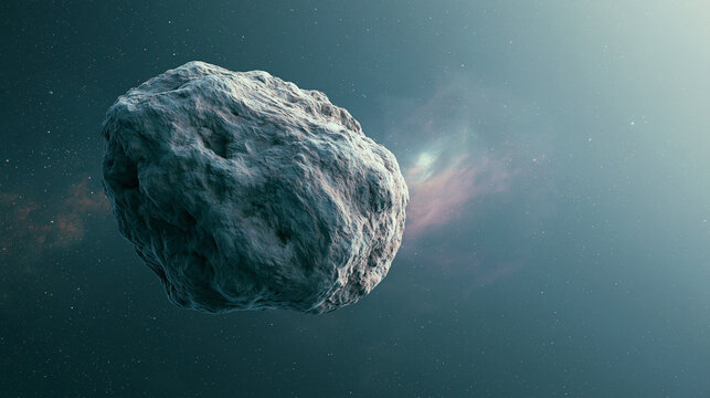large asteroid floating in deep space with nebula and stars in background celestial body concept.
