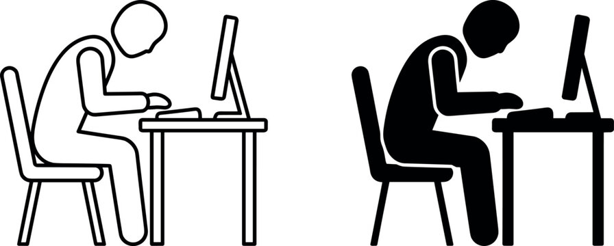 Bad posture hunchback office worker sitting at computer desk icon set representing ergonomics and back pain vector illustration