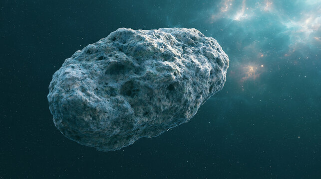 Large gray asteroid floating through deep space nebula with bright cosmic particles for scientific and documentary media.