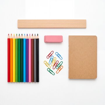 Back to school flat lay of colored pencils, wooden ruler, eraser, paper clips and kraft notebook isolated on white background