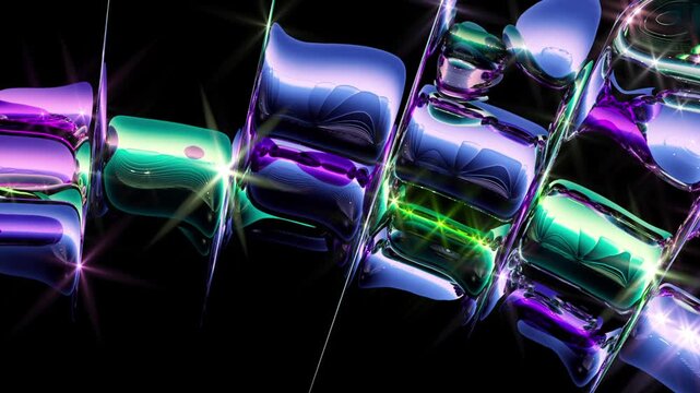 Looped animation of refracted metallic shapes inside glossy glass structures with neon highlights. Premium futuristic motion background for branding, technology, and innovation.