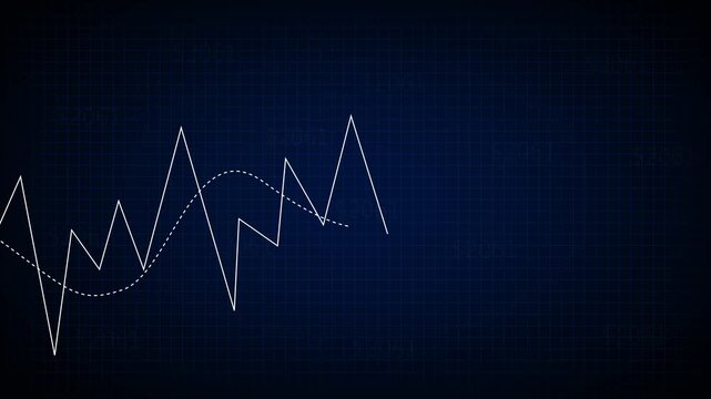 Financial graph animation displays market trend lines on a dark grid. Corporate business revenue success tracks on financial graph. Investment drives financial graph.