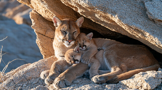A mountain lion mother lies at the entrance of a rocky den, her two cubs pressed against her flanks sleeping, the desert canyon landscape glowing amber at sunset as dry wind stirs