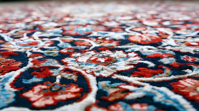 Close up of a richly patterned rug with intricate floral motifs in red  blue  and white on a dark background