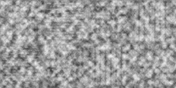 Abstract grayscale textures featuring geometric shapes like circles triangles hexagons arranged in grid patterns set.