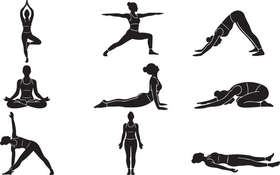Set of black silhouette icons showing various yoga poses including tree pose, warrior, downward dog, lotus, cobra, child pose, triangle, corpse pose