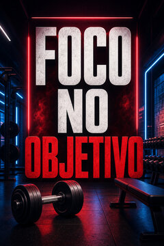 Poster motivacional fitness com frase foco no objetivo haltere pesado no chao de academia moderna com luz neon