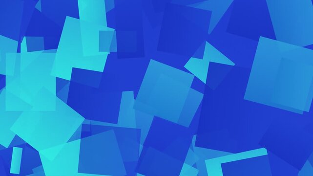 青とシアンの四角形が画面全体で移動と回転を繰り返すループ動画。Web広告やイベントのタイトル背景に映える抽象シネマティック素材