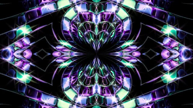 Mirrored glass refraction creates a vivid ornamental animation from metallic abstract forms. Premium futuristic loop for luxury branding, technology, and digital backgrounds.