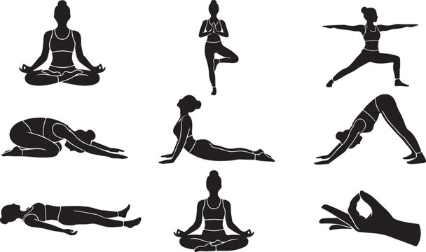 Yoga pose silhouette collection featuring various asanas and a mudra hand gesture isolated on a white background, for wellness