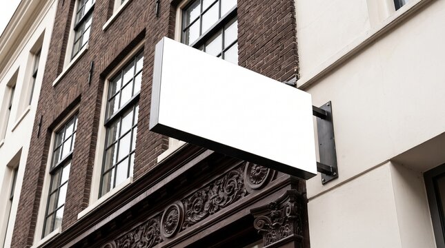 Blank white rectangular store signboard mockup on a classic brick building facade