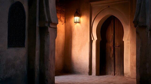 A warmly lit arched doorway in a historic stone building with a lantern and decorative window