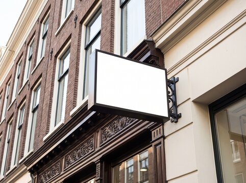 Blank rectangular shop signboard mockup on a classic European brick building facade