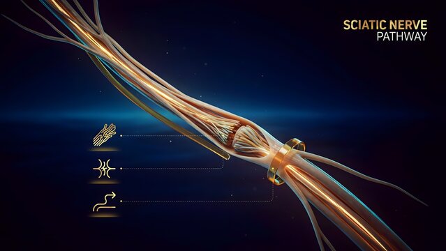 Medical illustration of the sciatic nerve pathway with anatomical
