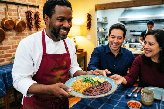 Un chef afrocubano sirve un plato de arroz con frijoles reci&eacute;n hecho a una feliz pareja argentina en un animado restaurante familiar