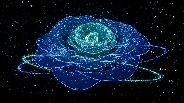 青とシアンの光の粒子でバラと周囲のリングが現れるエフェクト動画。ブライダル広告や記念日映像に映える輝きのシネマティック素材
