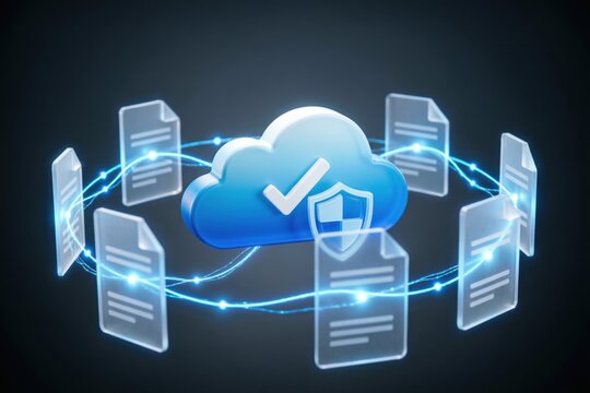 Documentos digitales flotantes conectados mediante l&iacute;neas de red luminosas a un icono central de nube que incluye una marca de verificaci&oacute;n y un s&iacute;mbolo de escudo, representando archivos sincronizad