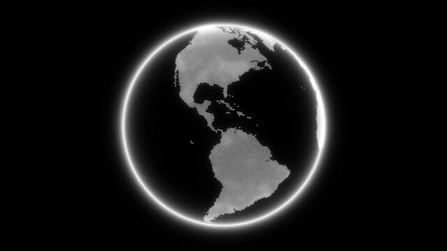 Dotted globe of white dots rotating on a black background, seamless loop for screen blending
