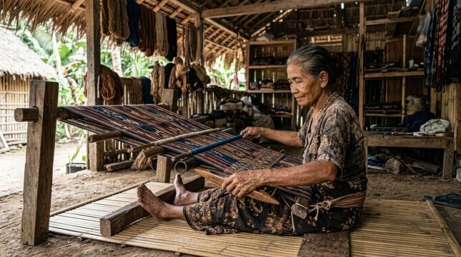 Elderly Asian woman weaving traditional textile on wooden loom.
