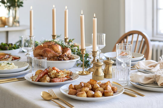 Elegant Christmas dinner table with roasted turkey, potatoes and candlelit place settings