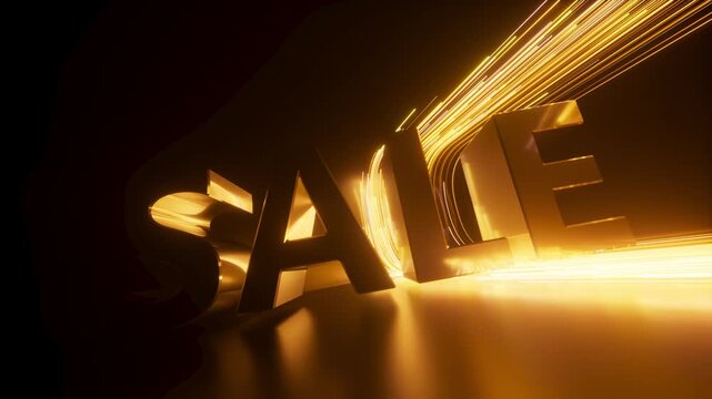Bright neon lines form SALE word with intense golden glow effects. 3d render motion.
