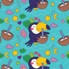 Fototapeta premium Brazilian carnival toucan drinking coconut cocktail seamless pattern vector blue. Cute toucans sipping fresh coconut juice through straw tropical leaves stars hearts bright turquoise background