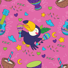 Fototapeta premium Brazilian carnival toucans musical party seamless pattern vector illustration pink. Funny toucans shaking maracas ukuleles drums coconut drinks bright magenta background celebrating festival
