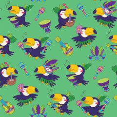 Fototapeta premium Brazilian carnival toucan birds seamless pattern festive background vector green. Cute toucans playing musical instruments dancing wearing carnival masks tropical leaves flowers bright green backdrop
