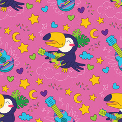 Fototapeta premium Brazilian carnival toucan playing guitar seamless pattern vector illustration pink. Cute toucan birds sitting on clouds playing ukulele colorful stars hearts night sky vibrant pink background