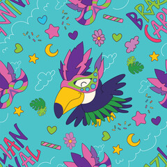 Fototapeta premium Brazilian carnival toucan feather mask seamless pattern vector illustration blue. Cute toucan heads wearing colorful feather carnival masks text lettering stars flowers bright turquoise background