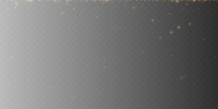 Golden sparkles and glowing dust falling down. Shimmering particle lights overlay on transparent backdrop. Holiday vector effect