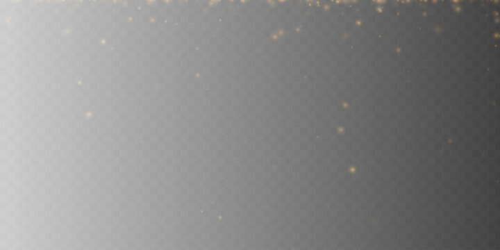 Falling golden particles and sparkling stardust on transparent backdrop. Glowing dust glitter overlay for festive design. Magic shimmer vector effect