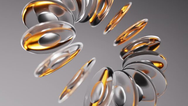 Glass and gold lenses form a rotating spiral in deep perspective. The loop looks like a glossy tunnel of rings. 3d render motion.