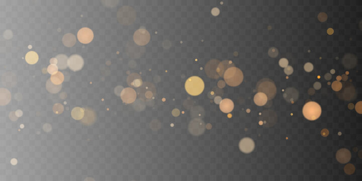 Horizontal golden bokeh light trail with sparkling glowing circles. Abstract festive overlay. Vector light effect design