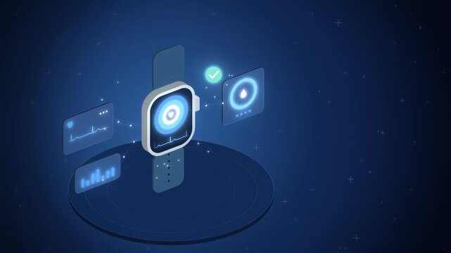 Isometric smartwatch closing activity rings with success badge
