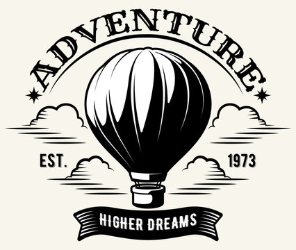 Vintage hot air balloon emblem with ribbon banner and clouds for retro adventure travel logo and badge vector design.