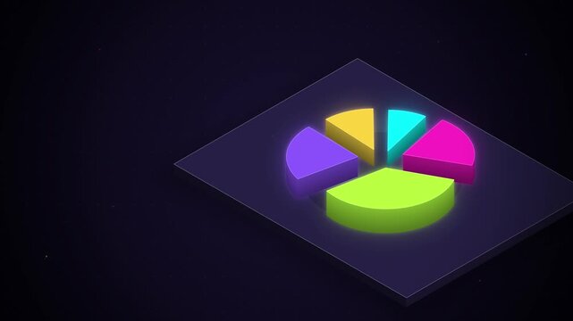 Isometric neon exploded pie chart slices assembling on black plate