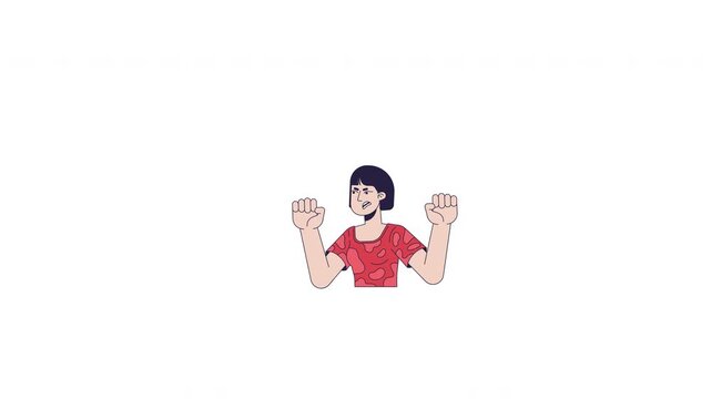 Angry asian woman shouting with clenched raised fists 2D character animation. Bold speech burst. Outrage yelling. Female adult screaming animated person cartoon 4K video on transparent background