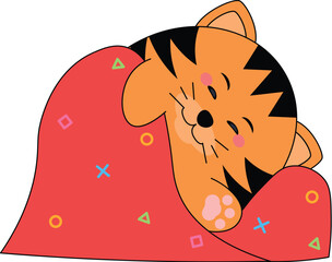 Sleeping cat sleeping under warm blanket cozy bed vector illustration isolated white. Adorable tabby kitten resting happily covered with red blanket decorated geometric gaming symbols isolated white b © barsrsind
