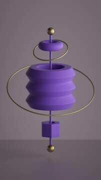 Seamless loop of purple geometric forms spinning with metallic orbital rings. Floating shapes create a futuristic kinetic vertical animation.