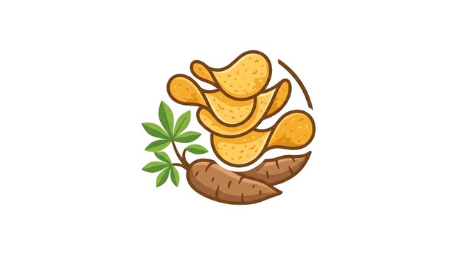A vector logo illustration of crispy cassava chips stacked with fresh raw cassava roots and green leaves isolated on a white background