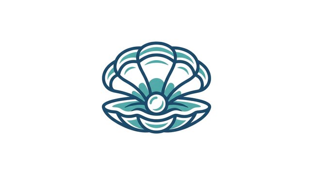 Minimalist vector illustration of an open oyster shell revealing a shiny pearl inside, featuring clean teal and dark blue line art contours on a white background
