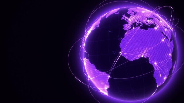 Global connection data pulses racing between cities on a purple network globe with copy space, loop